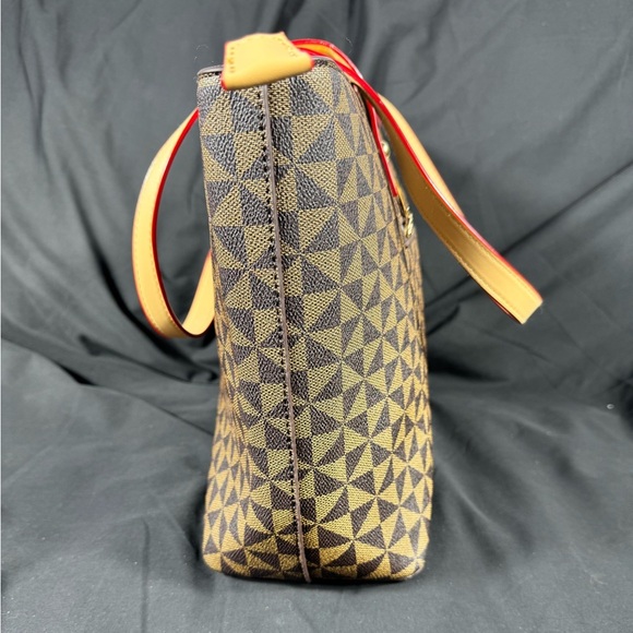 Elim & Paul Tan with Cream Square Patterned Tote Purse - Like New - Picture 7 of 16